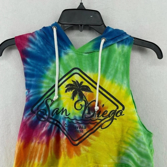 San Diego Tank Top Women's Sm Yellow Blue Tie-dye Boxy Cropped Hooded Drawstring - Picture 5 of 10